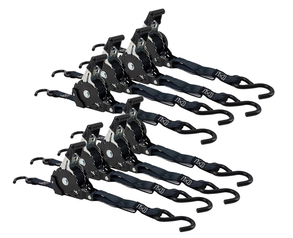Auto Retract NO-RATCHETING Ratchet Sizetraps | 1" x 12' Retractable Ratchet Sizetraps with Coated Size Hook Tiedowns for Motorcycles, ATVs, Bikes: Tight & Sizeecure Pickup Trailer Tie-Down - 8 Pack