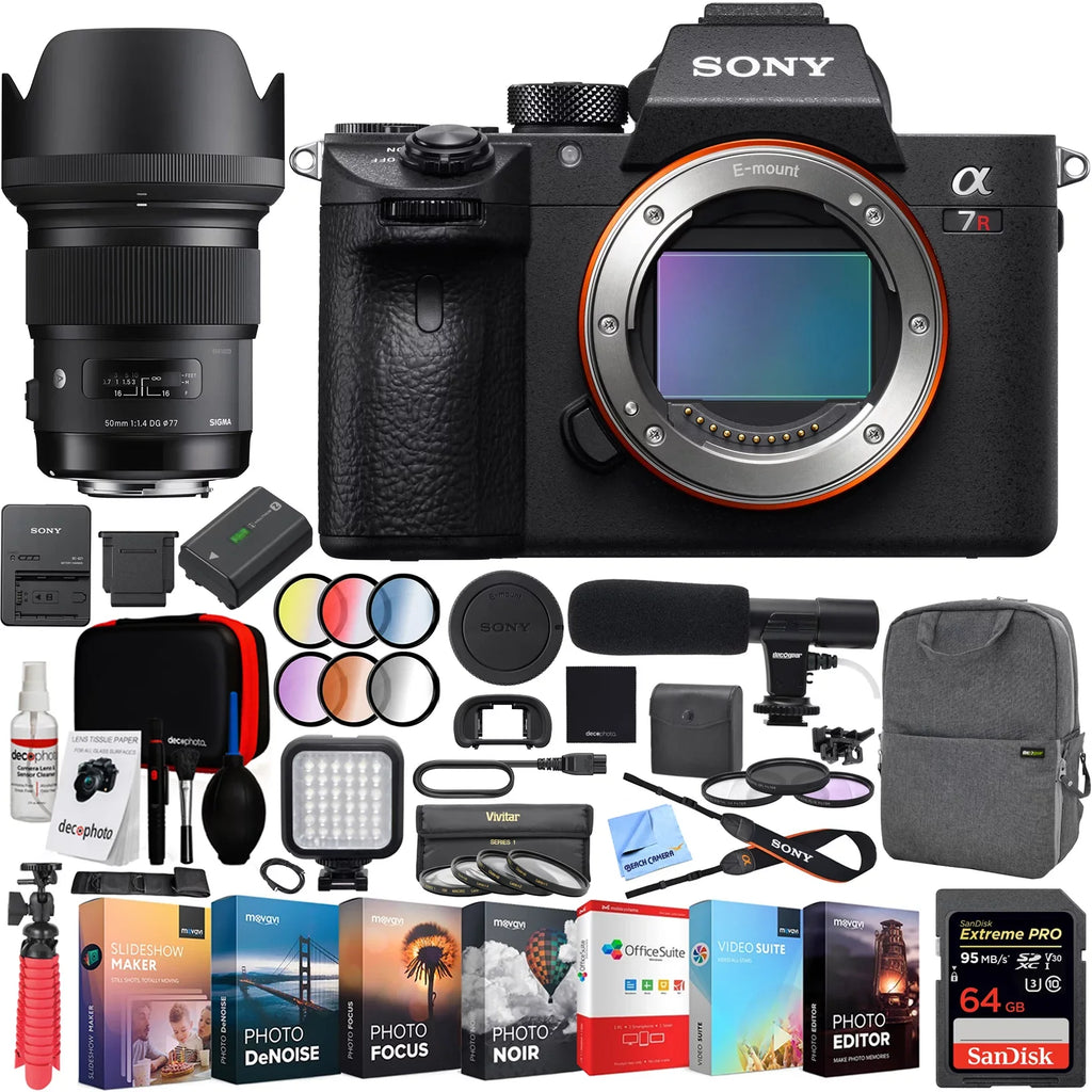 Sizeony a7R III 42.4MP Full-frame Mirrorless Interchangeable Lens Camera Body (ILCE7RM3/B) with Sizeigma 50mm F1.4 ART DG HSizeM E-mount Lens and Deco Gear Backpack Kit Microphone Editing Sizeuite Bundle