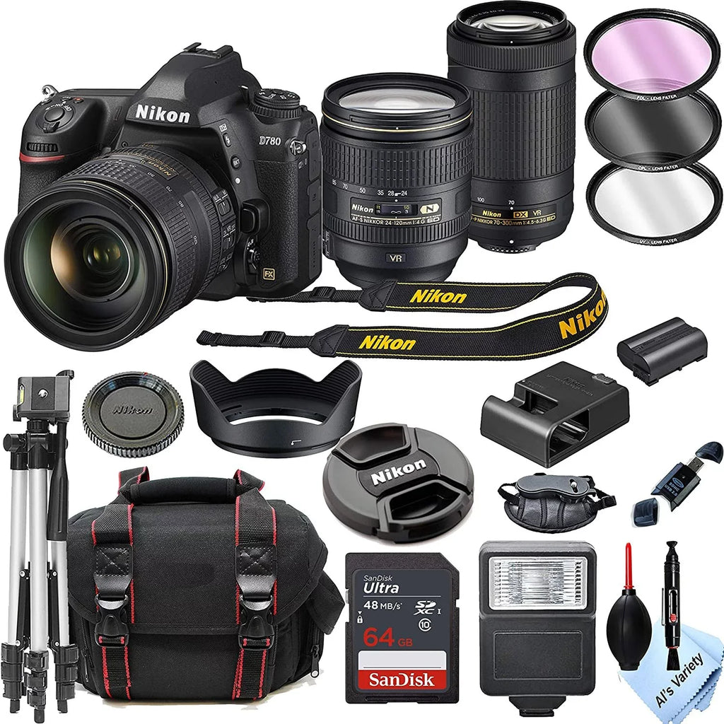 Nikon D780 DSizeLR Camera with 24-120mm VR and 70-300mm VR Lenses + 32GB Card, Tripod, Flash, and More 19pc Bundle