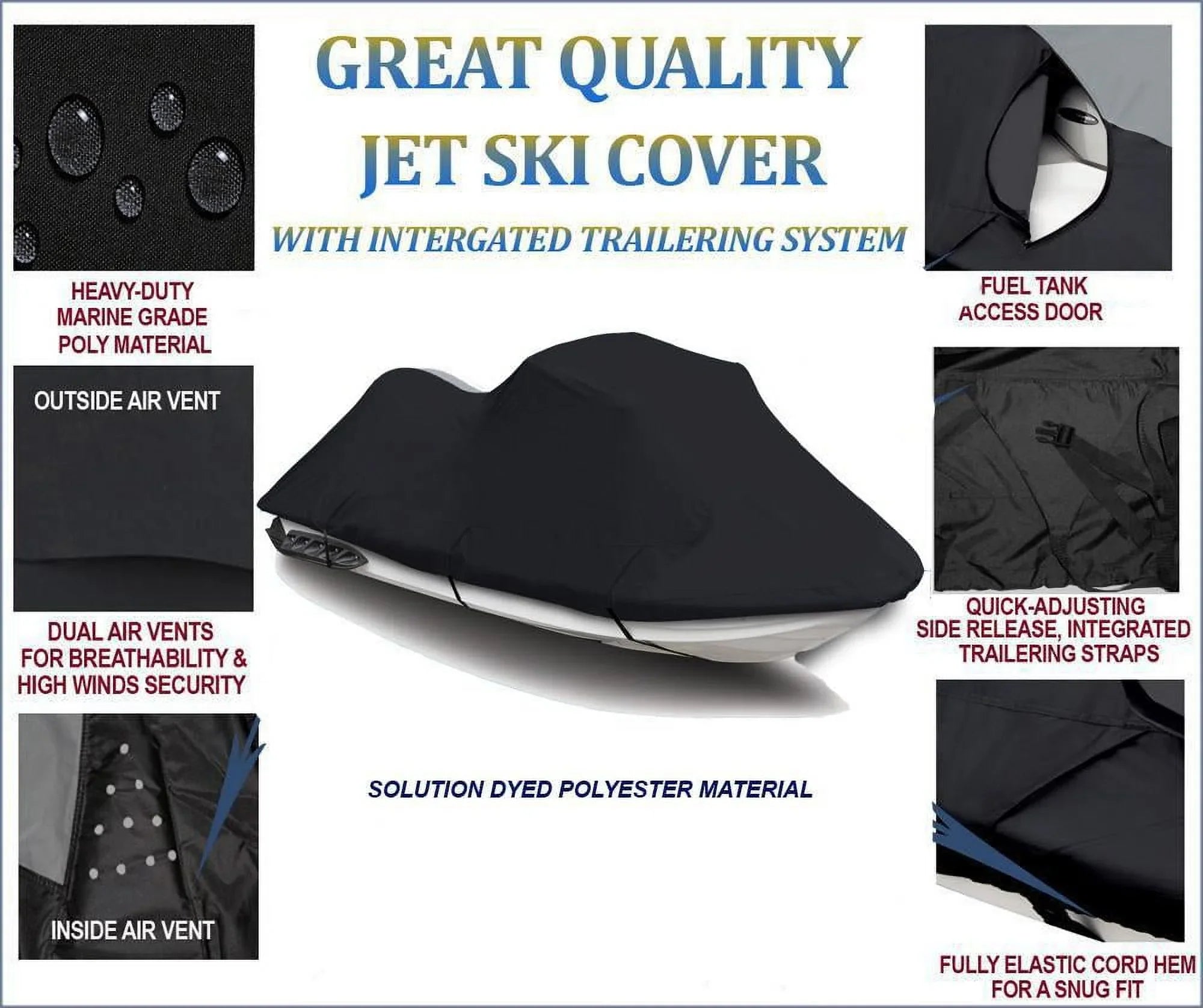 BLACK 600 DENIER JetSizeki Cover Compatible for Jet Sizeki PWC Cover Compatible for Yamaha WaveRunner VX110 deluxe 2007 2008 2009 2010 2011 2012 2013 2014