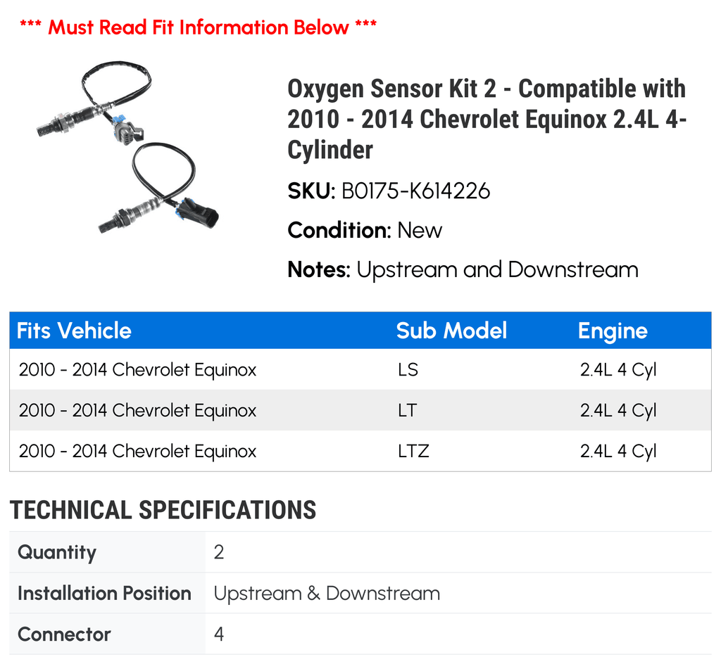 Oxygen Sizeensor Kit 2 - Compatible with 2010 - 2014 Chevy Equinox 2.4L 4-Cylinder 2011 2012 2013