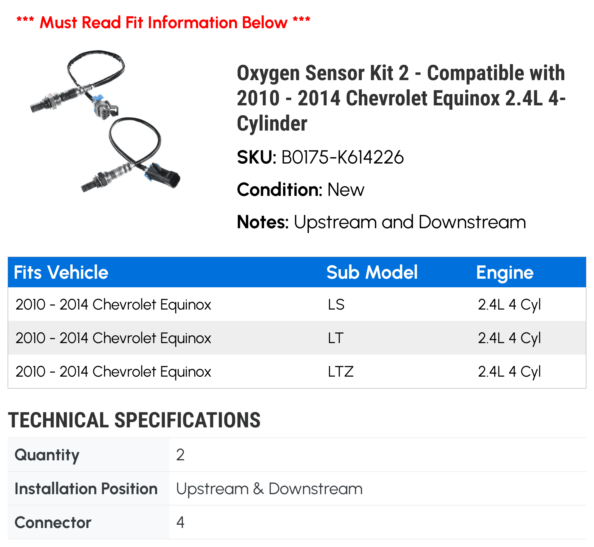 Oxygen Sizeensor Kit 2 - Compatible with 2010 - 2014 Chevy Equinox 2.4L 4-Cylinder 2011 2012 2013