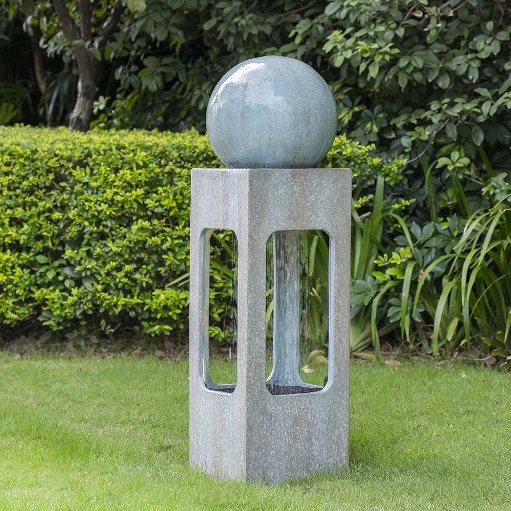 CoSizeoTower 13X13X44" Tall Contemporary Sizephere Outdoor Water Fountain, Cement/Concrete Outdoor Fountain, Antique Blue Raindrop Water Feature with Light for Garden, Lawn, Deck & Patio