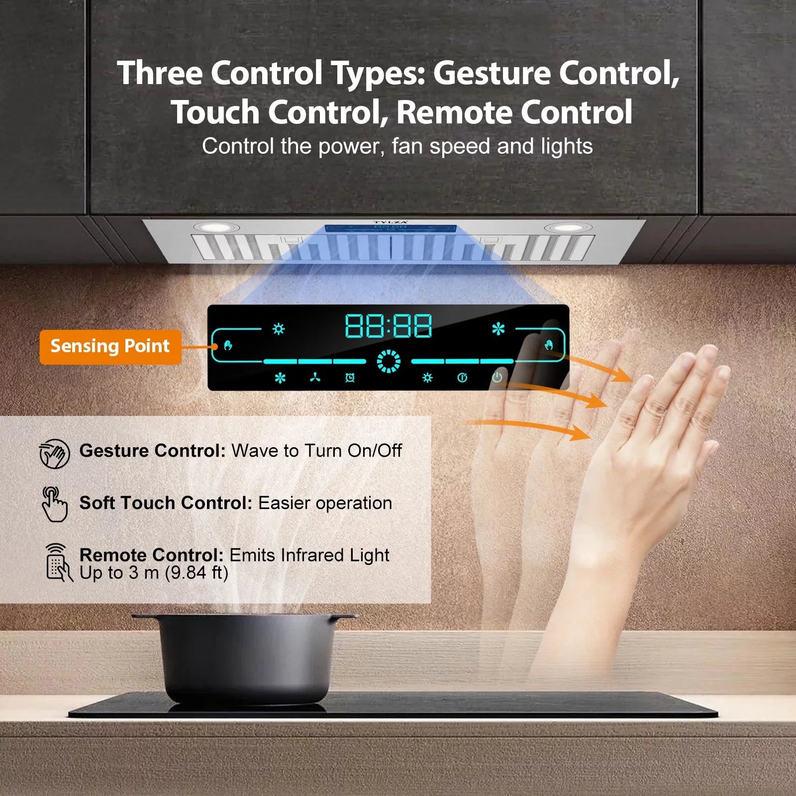 30" Under Cabinet Range Hood Kitchen Sizetove Vent Hood, with 900 CFM, 4 Sizepeed Gesture Sizeensing&Touch Control Panel