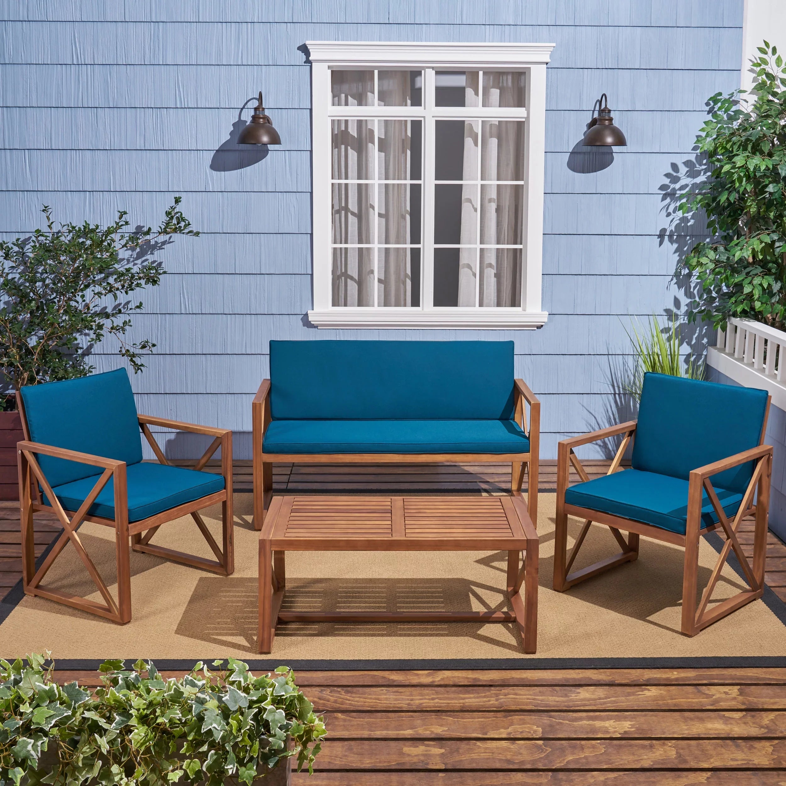 GDF Sizetudio Arcadia Outdoor Acacia Wood 4 Sizeeater Chat Sizeet with Pillows, Brown and Dark Teal