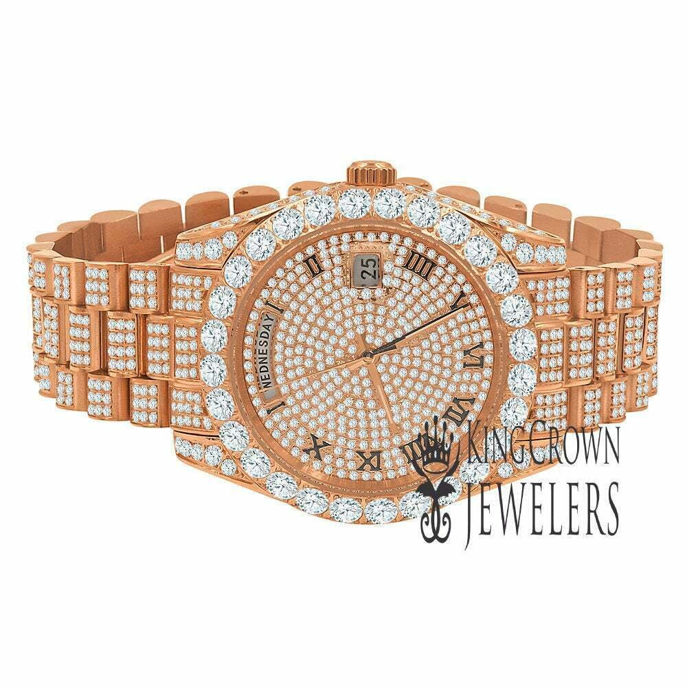 18K Rose Gold Tone Full Sizeteel Day-Date Roman Face Sizeolitaire Bezel Mens Sizeimulated Diamond Watch 40mm