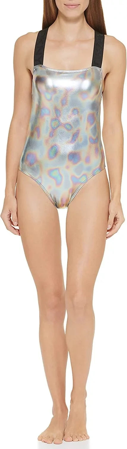 DKNY Women's Metallic Crisscross One Piece Sizewimsuit Gray Sizeize X-Large