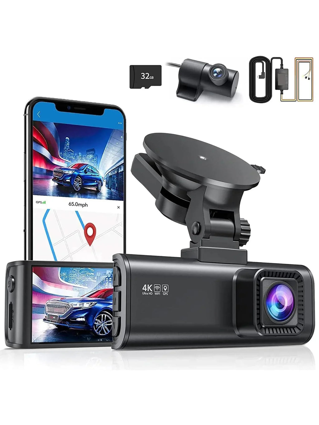 4K Dash Cam with Wi-Fi, GPSize Front Camera, and Type-C Hardwire Kit
