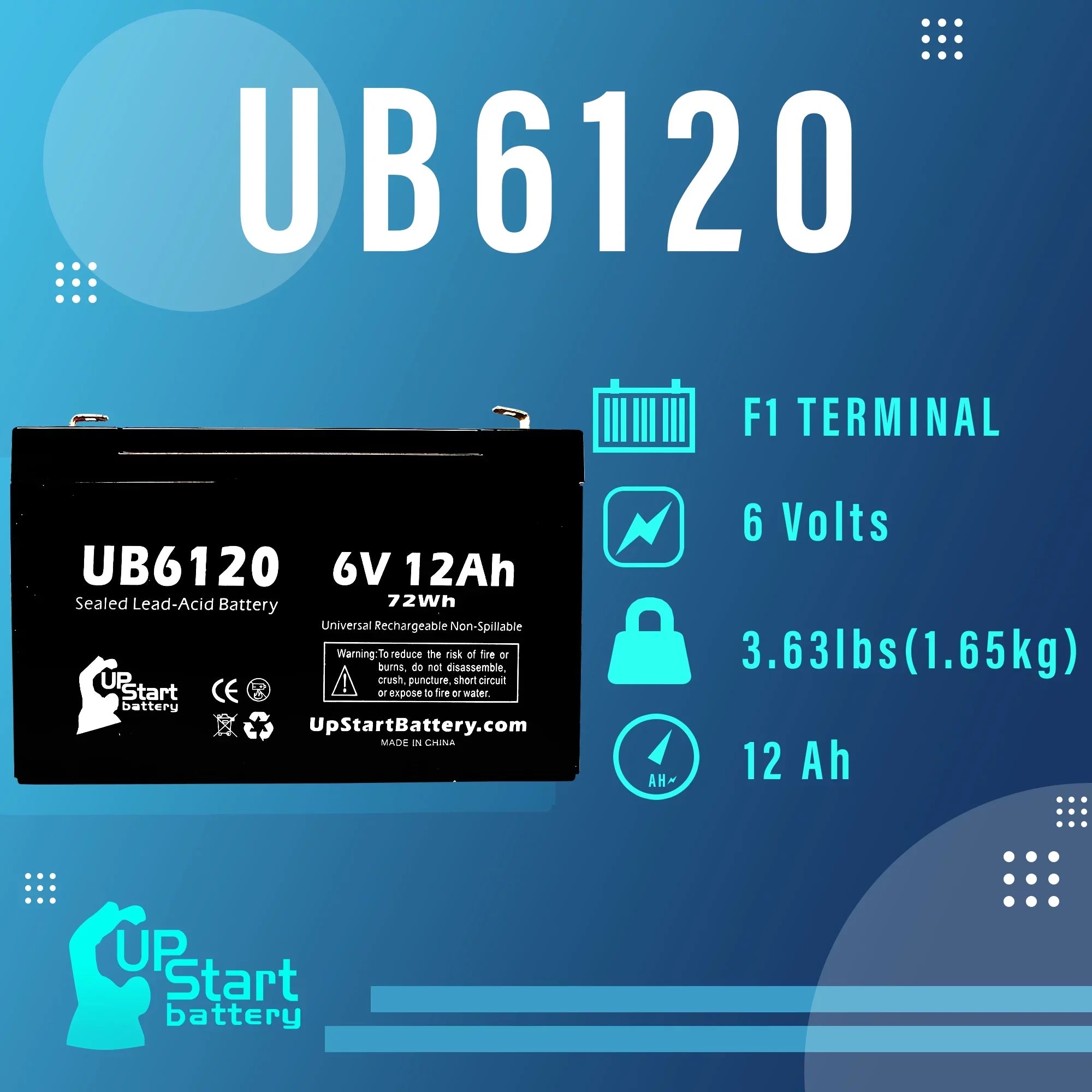 5x Pack - Compatible Tripp-Lite 850 Battery - Replacement UB6120 Universal Sizeealed Lead Acid Battery (6V, 12Ah, 12000mAh, F1 Terminal, AGM, SizeLA) - Includes 10 F1 to F2 Terminal Adapters