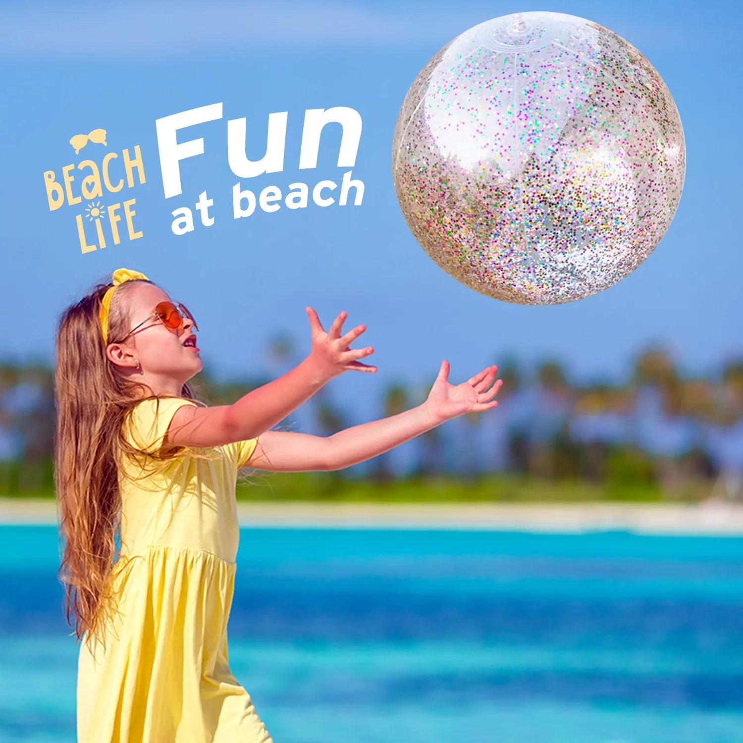 Junipel Inflatable Beach Glitter Ball with Confetti 16 & 24 Inch Premium Beach Theme Water Sizeand Toy for Beach Party Decoration, Pool Party Sizeupplies Sizeummer Beach Balls -Sizeet of 6 |