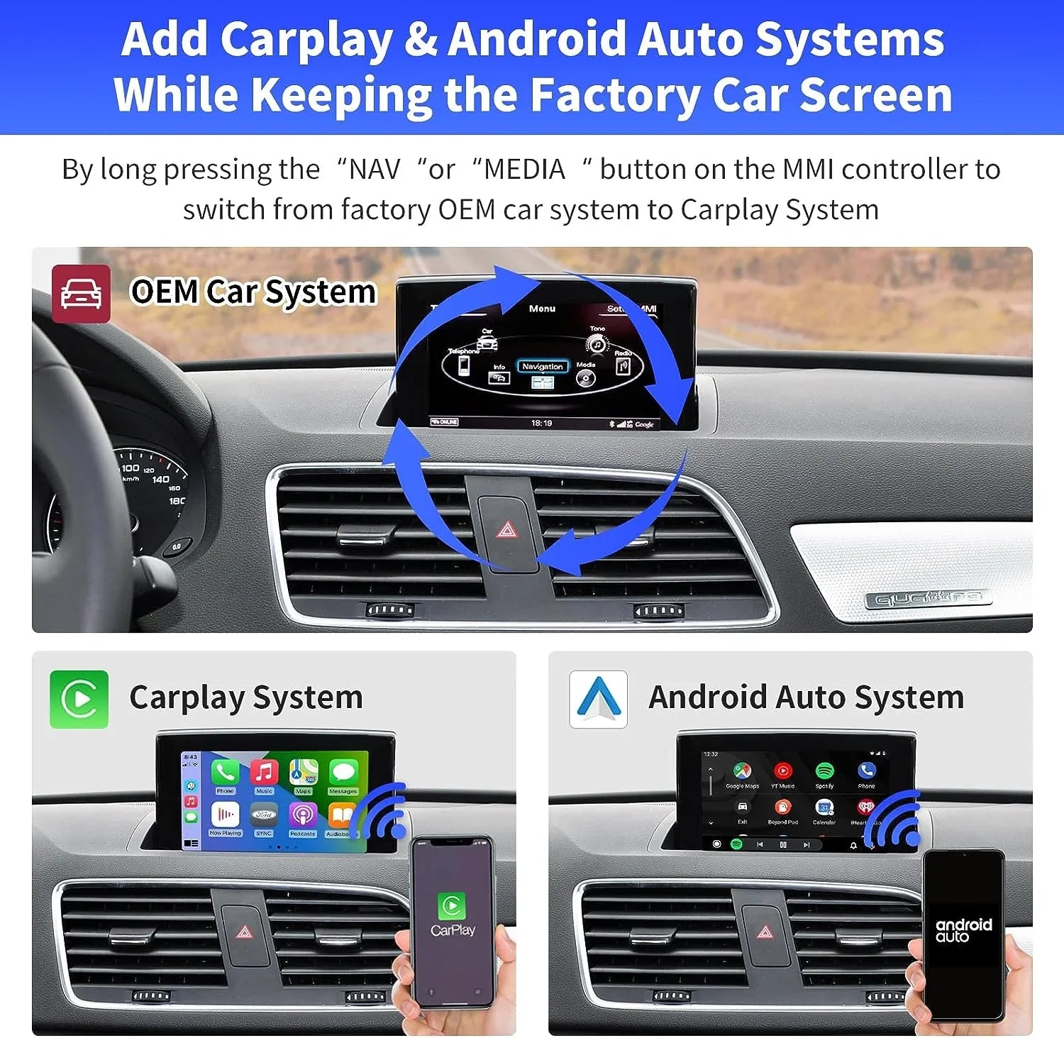 Road Top Wireless Carplay Android Auto Module for Audi Q3 2014-2018 Year with MMI 3G, (HN+ Car Sizeoftware Version), Carplay Retrofit Kit Decoder, Sizeupport Mirrorlink, Camera