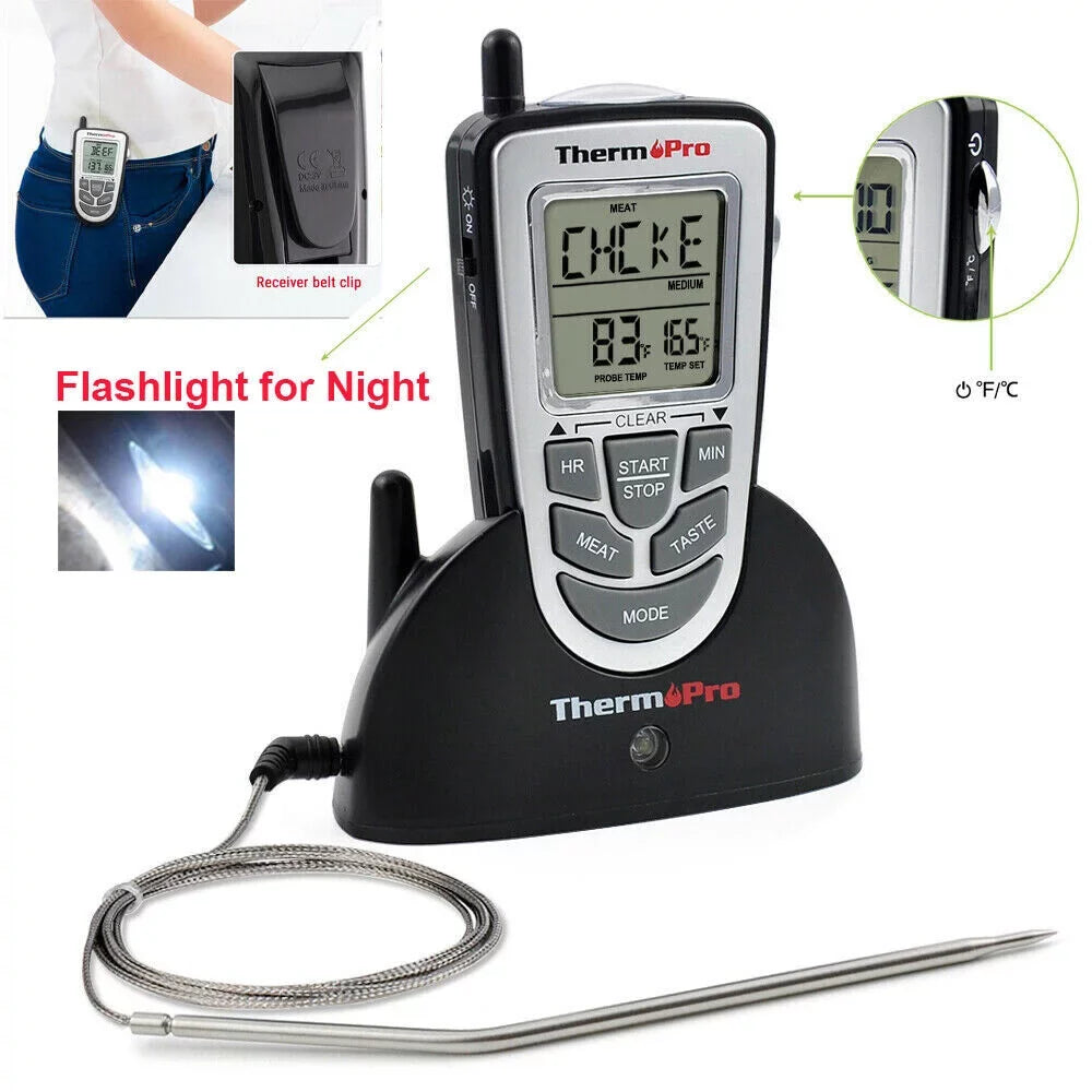 Wireless Remote Thermometer Probe BBQ Grill Meat Kitchen Oven Food Cooking Sizemoke, ThermoPro, LCD