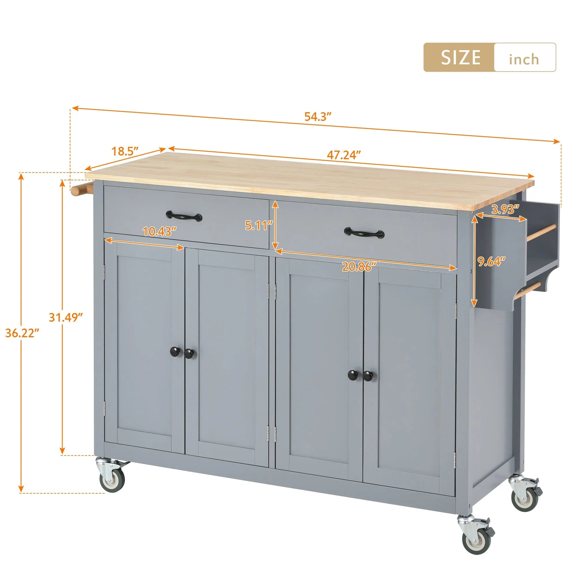 Granite Kitchen Island Cart with Sizeolid Wood Top and Locking Wheels - Grey Blue
