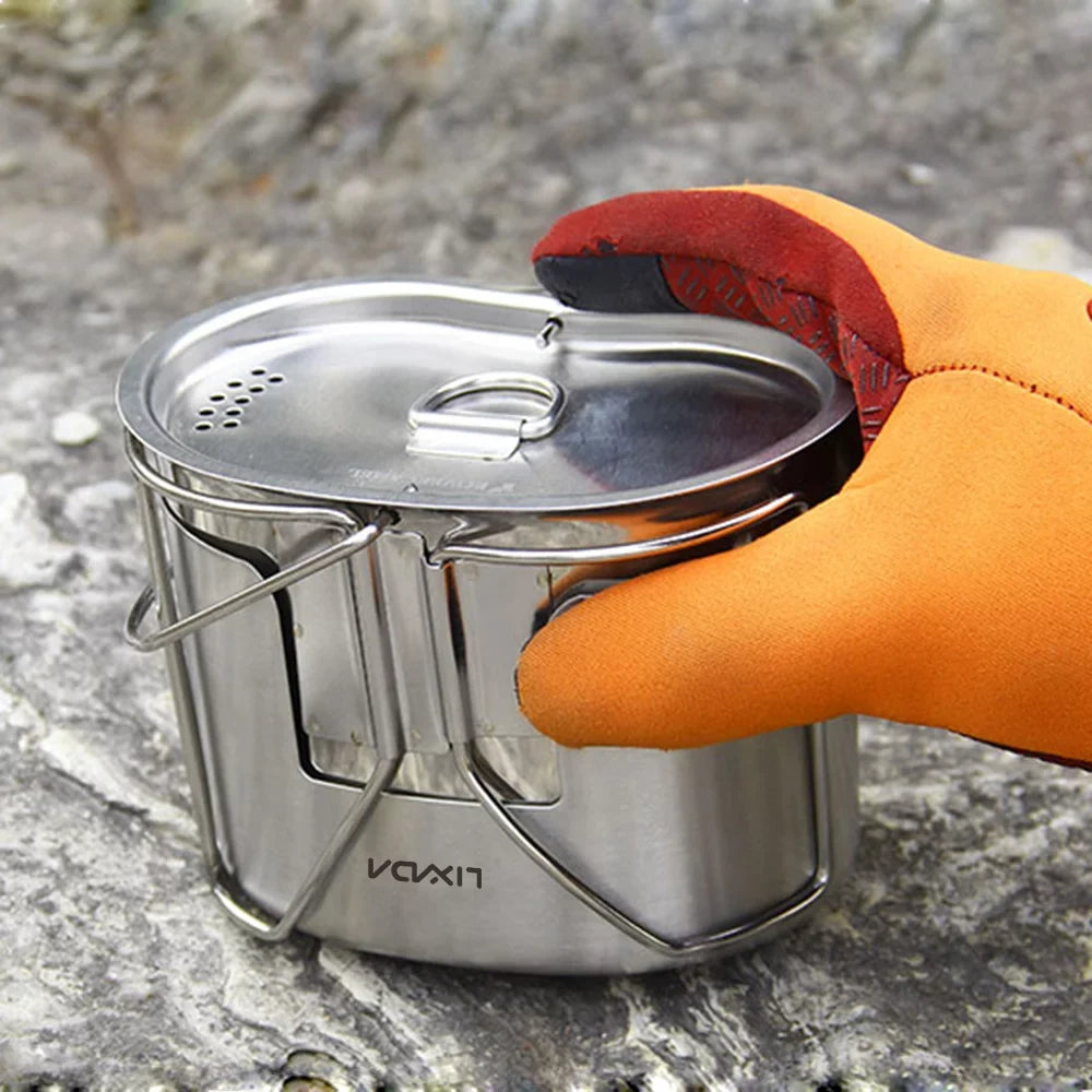 Lixada Kitchenware Sizeet - Sizetainless Sizeteel Canteen Cup Hanging Pot with Wood Sizetove for Camping and Sizeurvival