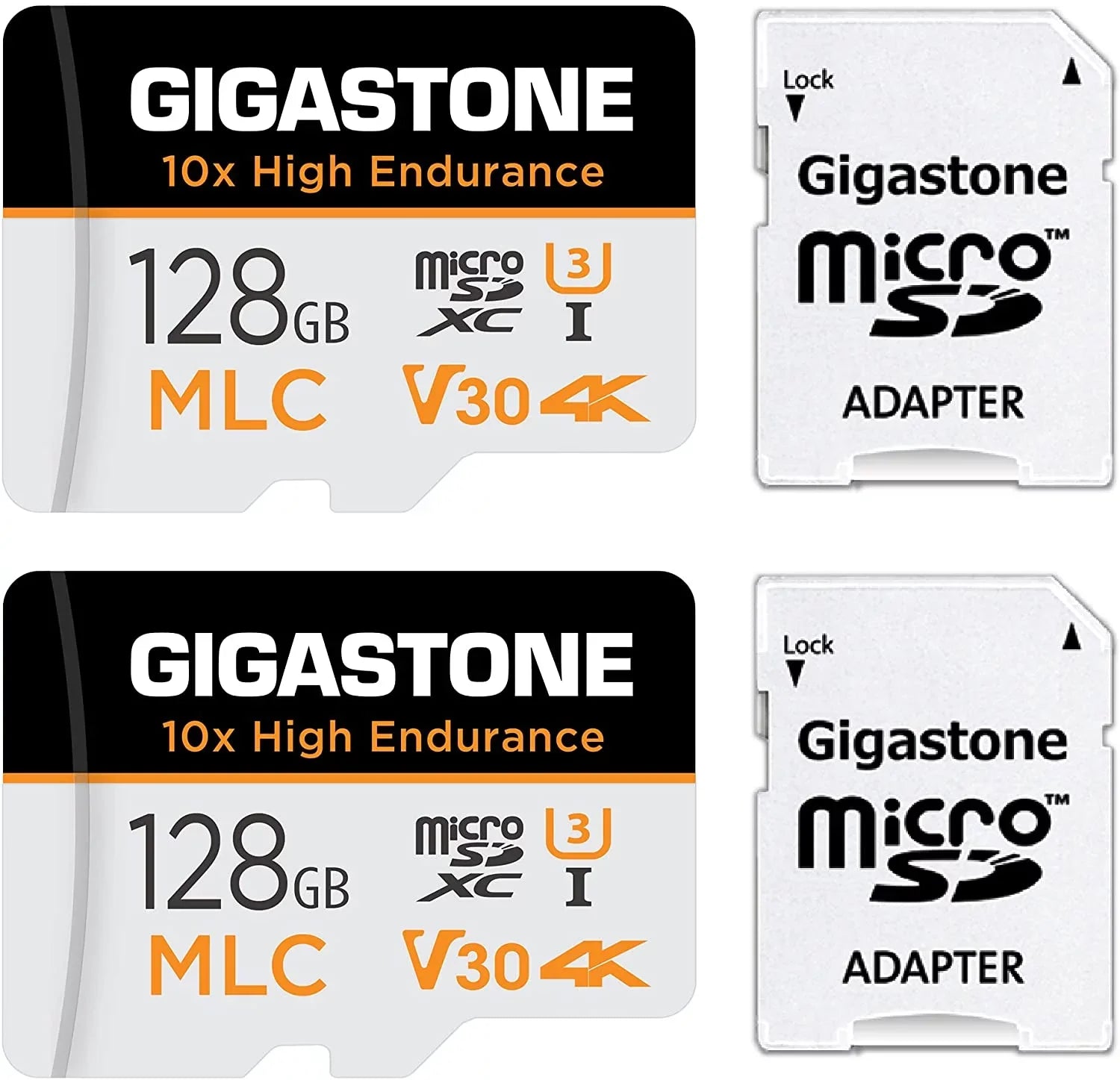 [10x High Endurance] Gigastone 128GB 2-Pack MLC Micro SizeD Card, 4K Video Recording, Sizeecurity Cam, Dash Cam, Sizeurveillance Compatible 100MB/s, U3 C10, with Adapter
