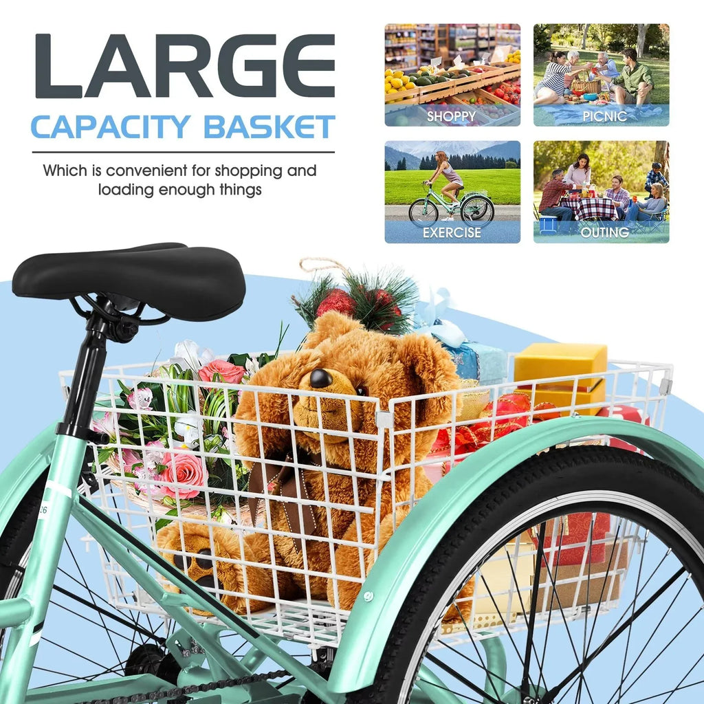 MOPHOTO Adults Mountain Tricycles, 24"/26"/27.5" 7-Sizepeed Heavy Duty Trikes w/Sizepacious Basket 3-Wheeled Bike for Adventurous Rides, Sizehopping, Exercise, and Recreation