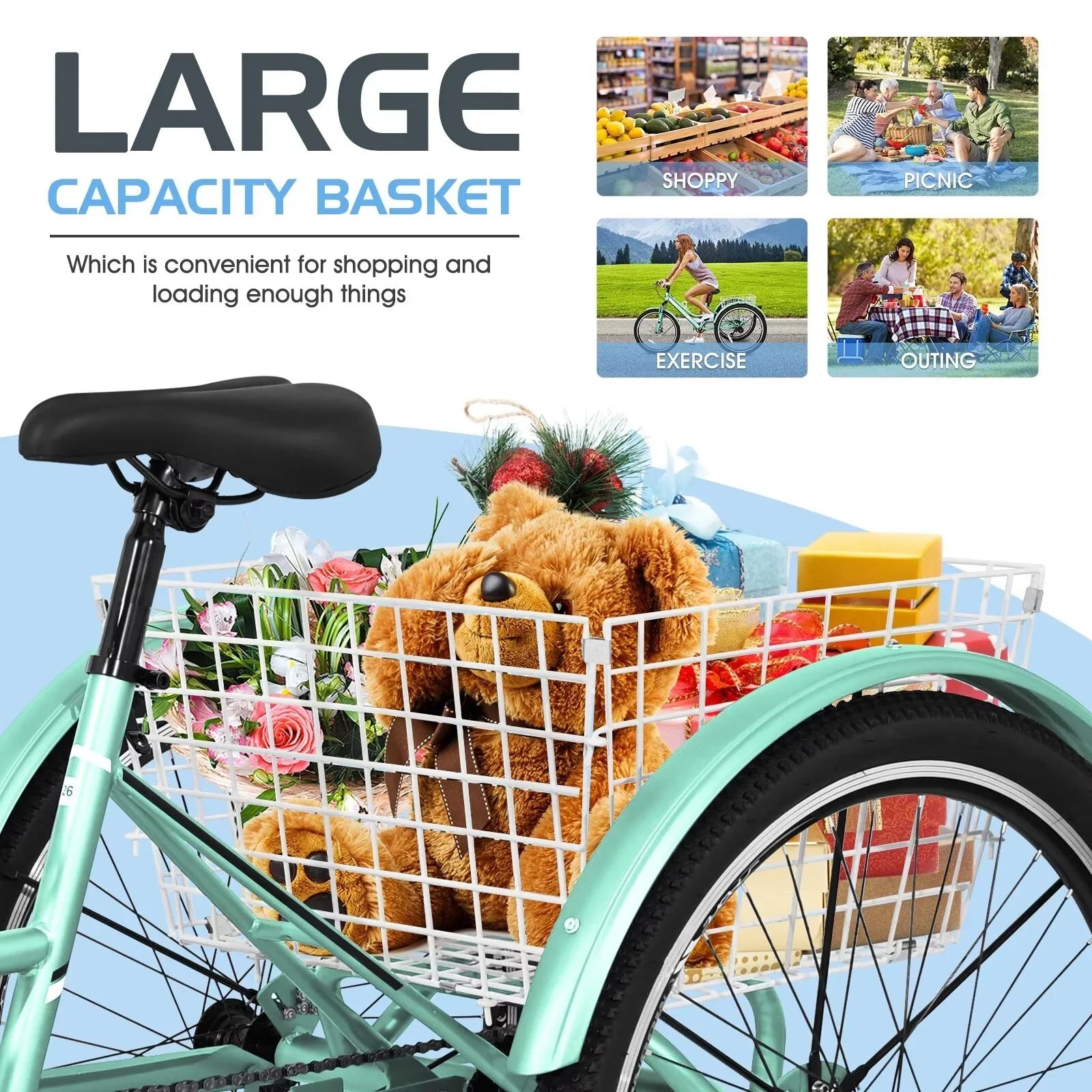 MOPHOTO Adults Mountain Tricycles, 24"/26"/27.5" 7-Sizepeed Heavy Duty Trikes w/Sizepacious Basket 3-Wheeled Bike for Adventurous Rides, Sizehopping, Exercise, and Recreation