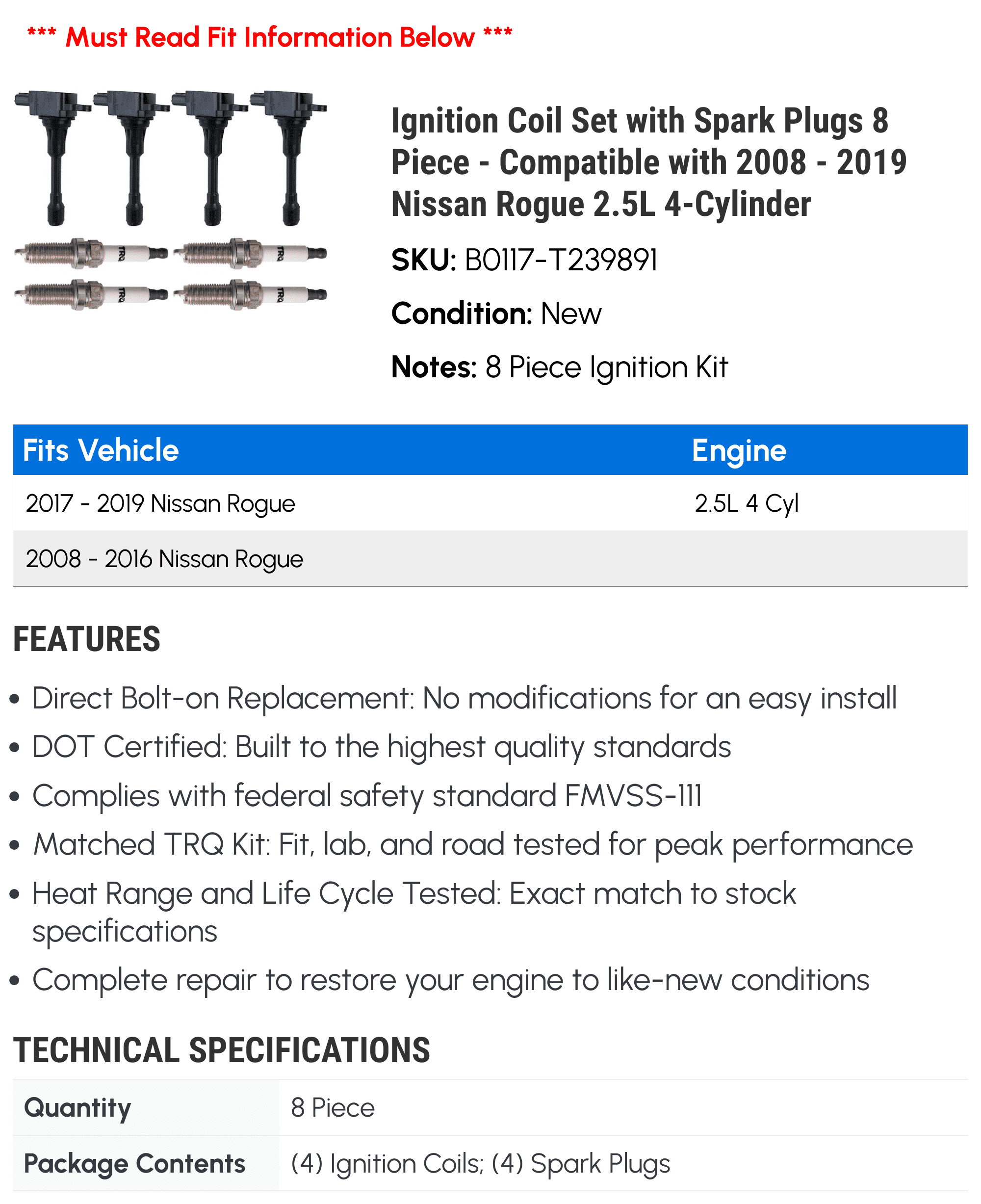 Ignition Coil Sizeet with Sizepark Plugs 8 Piece - Compatible with 2008 - 2019 Nissan Rogue 2.5L 4-Cylinder 2009 2010 2011 2012 2013 2014 2015 2016 2017 2018