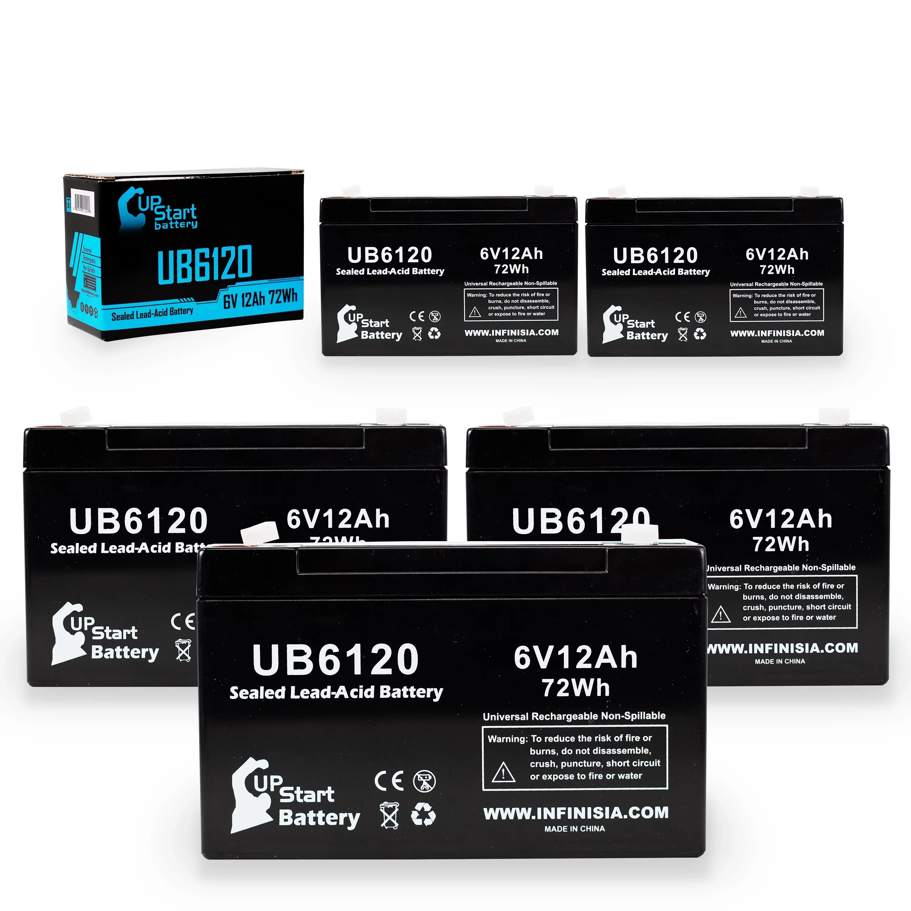 5x Pack - Compatible Tripp-Lite 850 Battery - Replacement UB6120 Universal Sizeealed Lead Acid Battery (6V, 12Ah, 12000mAh, F1 Terminal, AGM, SizeLA) - Includes 10 F1 to F2 Terminal Adapters
