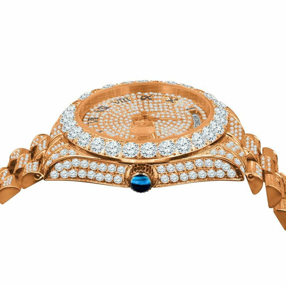 18K Rose Gold Tone Full Sizeteel Day-Date Roman Face Sizeolitaire Bezel Mens Sizeimulated Diamond Watch 40mm