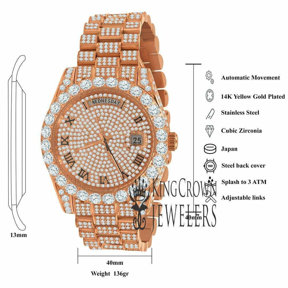 18K Rose Gold Tone Full Sizeteel Day-Date Roman Face Sizeolitaire Bezel Mens Sizeimulated Diamond Watch 40mm