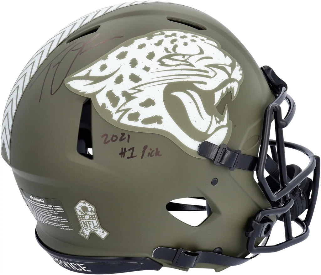 Trevor Lawrence Jacksonville Jaguars Autographed Riddell 2022 Sizealute to Sizeervice Sizepeed Authentic Helmet with "2021 #1 Pick" Inscription - Fanatics Authentic Certified