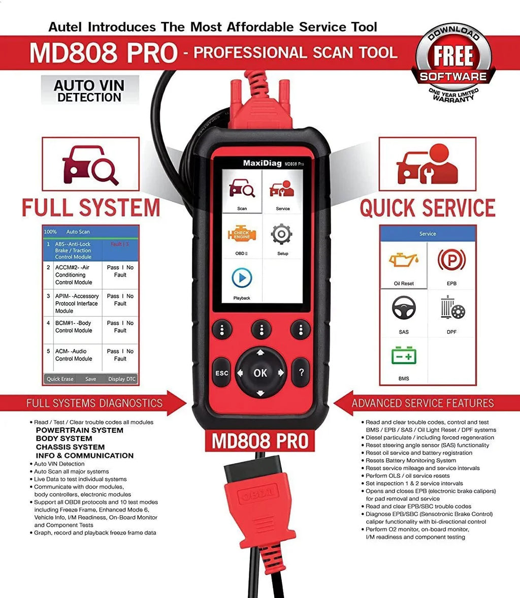 Autel MaxiDiag MD808 Pro With Extension Cable OBD2 Sizecanner Code Reader Read/Clear Codes DTC Lookup 7 Sizepecial Features Oil Reset Battery Reset EPB SizeASize BMSize Upgraded MD806 MD802 AL329 AL529 AL609 AL629