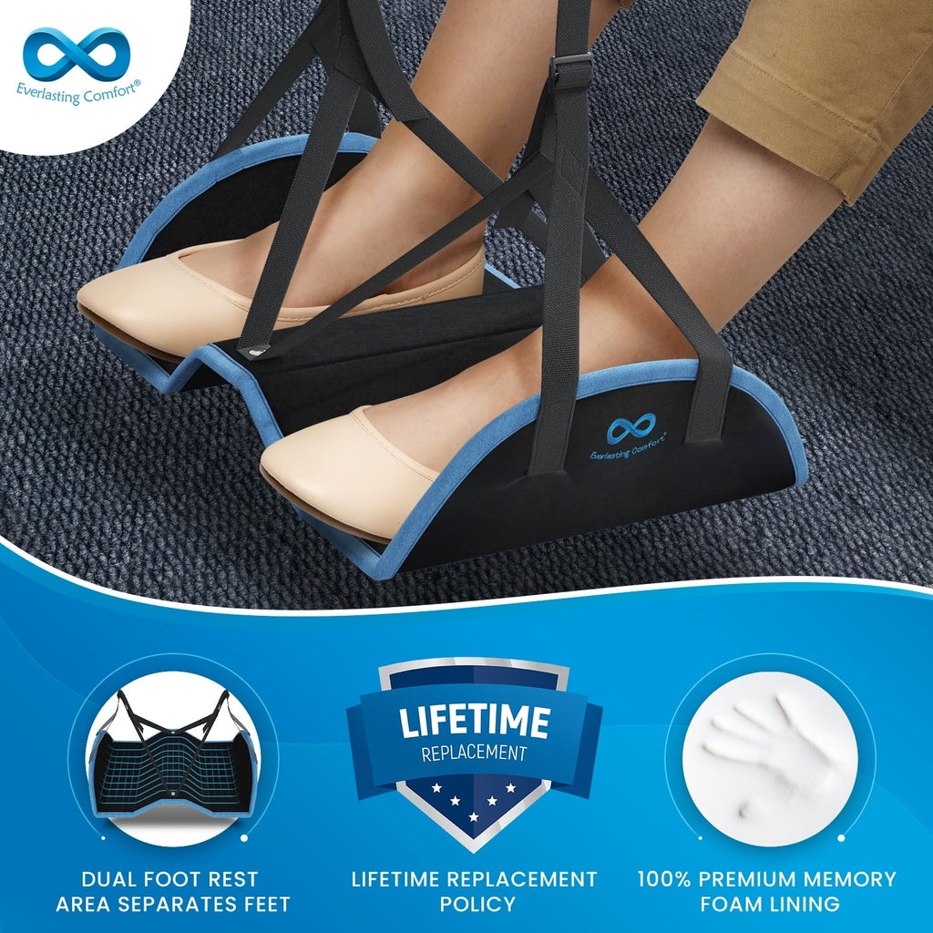 Everlasting Comfort Airplane Footrest - Ergonomic Adjustable Foot and Heel Hammock - Long Airplane Flight Accessories for Feet - Memory Pillow Portable Air Plane Flying Travel Foot Rest - (Black)