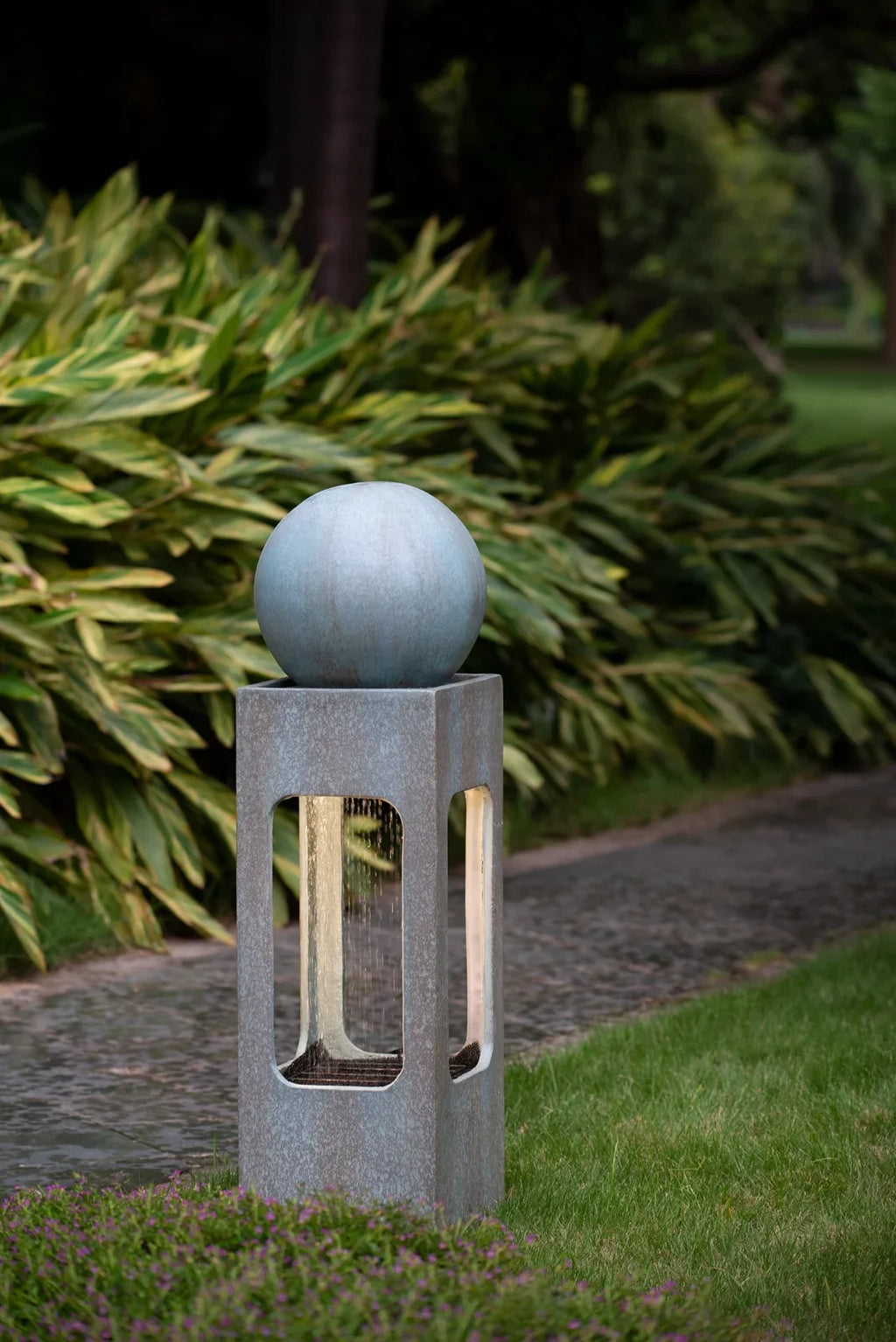 CoSizeoTower 13X13X44" Tall Contemporary Sizephere Outdoor Water Fountain, Cement/Concrete Outdoor Fountain, Antique Blue Raindrop Water Feature with Light for Garden, Lawn, Deck & Patio