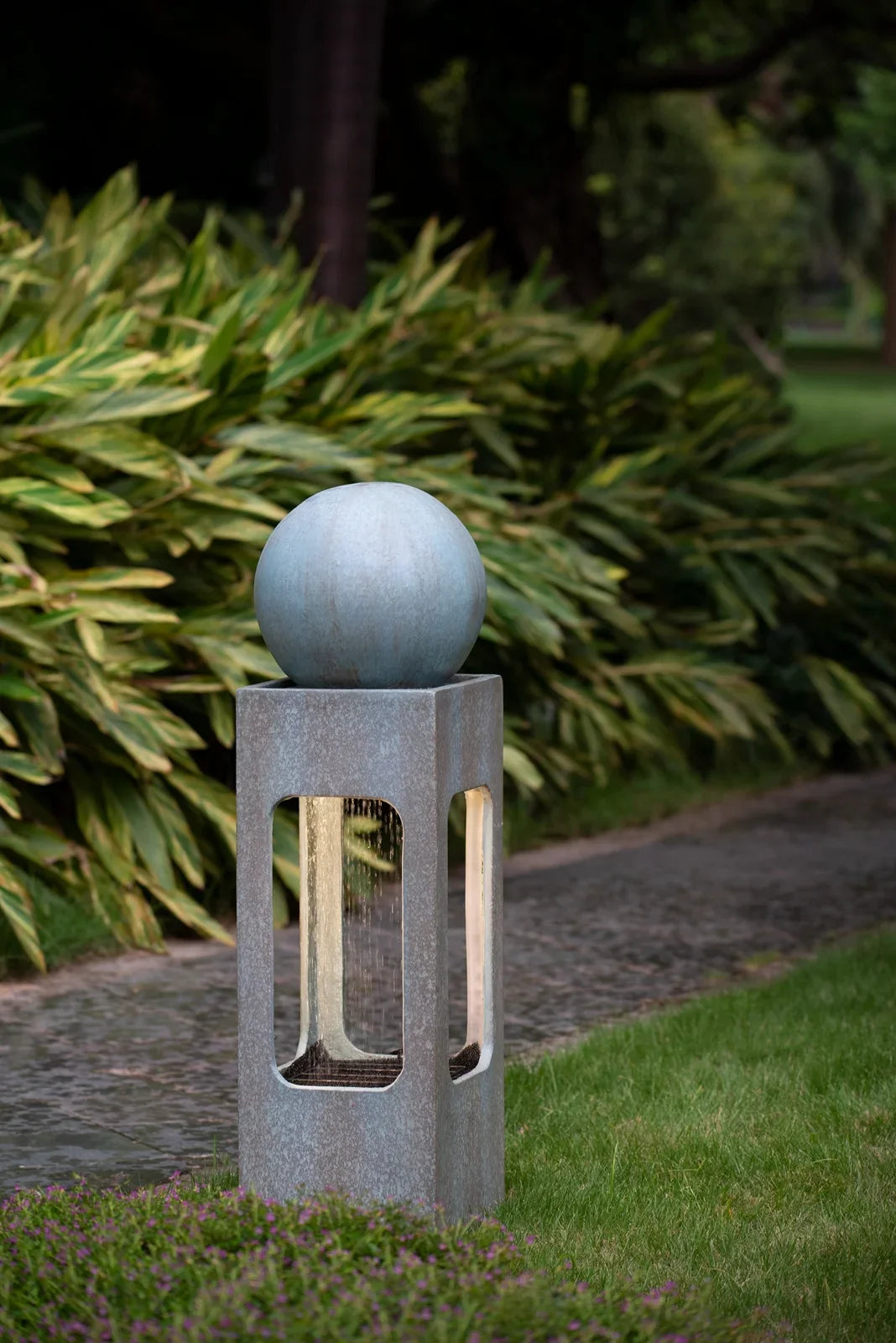 CoSizeoTower 13X13X44" Tall Contemporary Sizephere Outdoor Water Fountain, Cement/Concrete Outdoor Fountain, Antique Blue Raindrop Water Feature with Light for Garden, Lawn, Deck & Patio