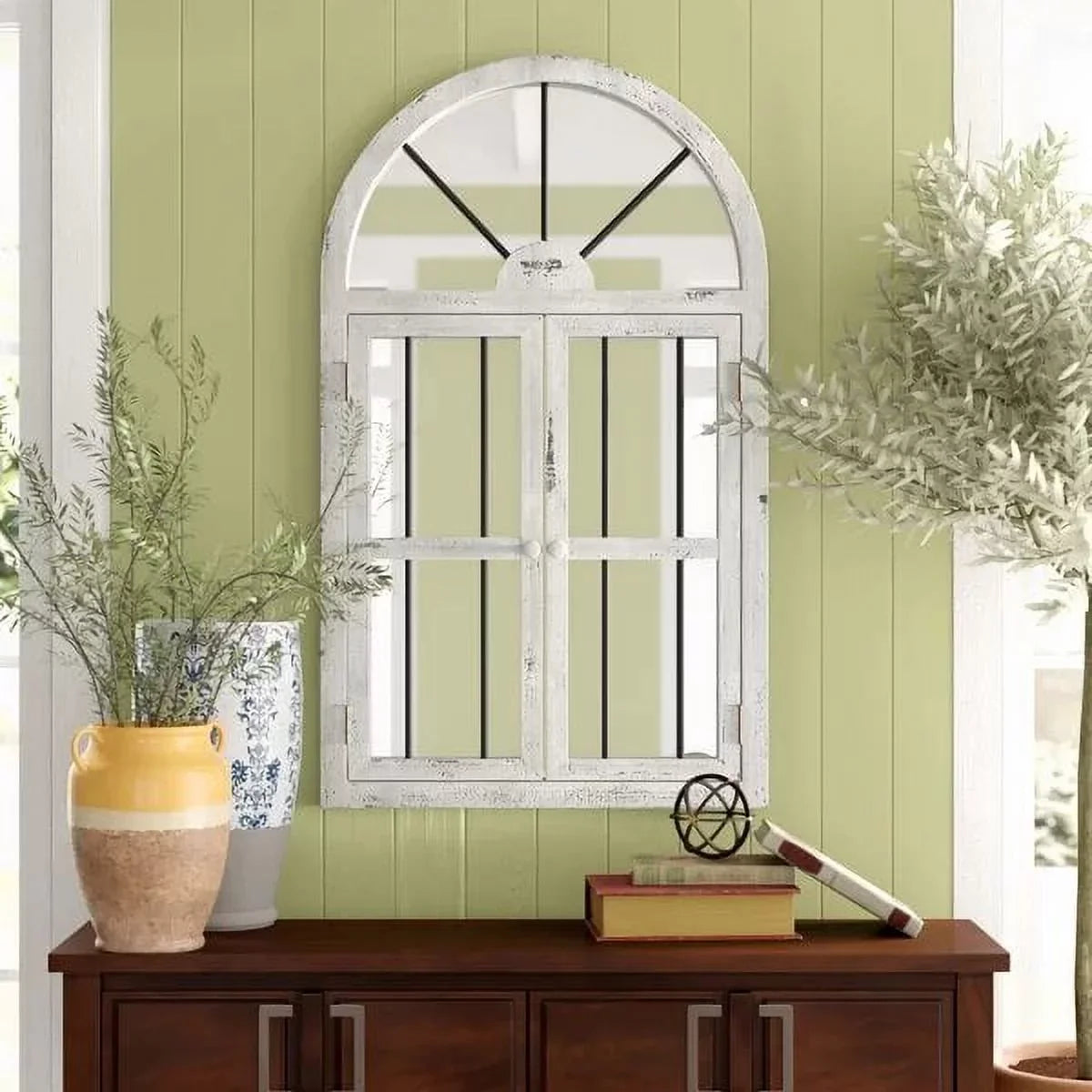 Arched Window Wall Mirror Cottage Chic Ivory 42" x 25" by Aspire