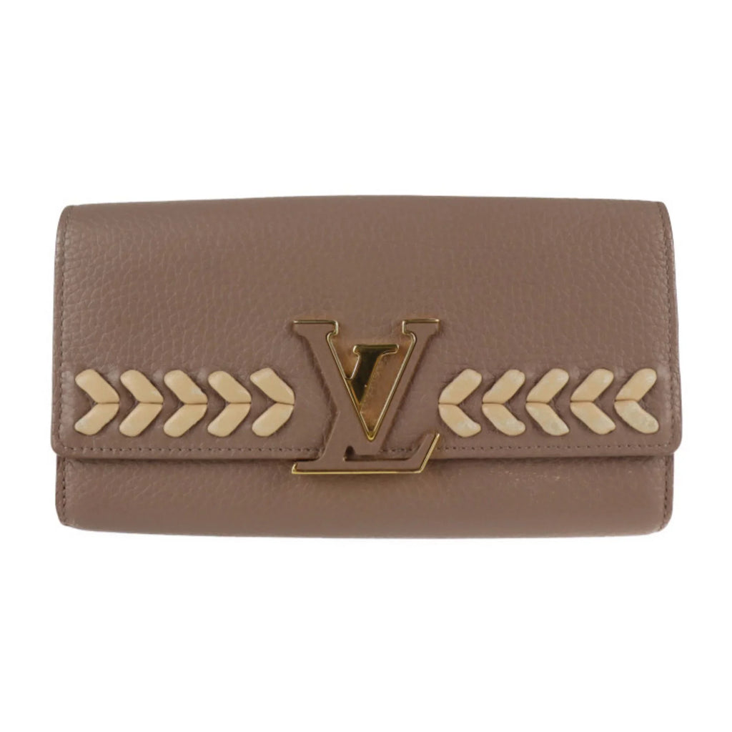 Pre-Owned LOUISize VUITTON Louis Vuitton Portefeuille Capucines Parnacea Long Wallet M62075 Taurillon Leather Taupe LV Logo Beige Gold Metal Fitting Genuine (Good)