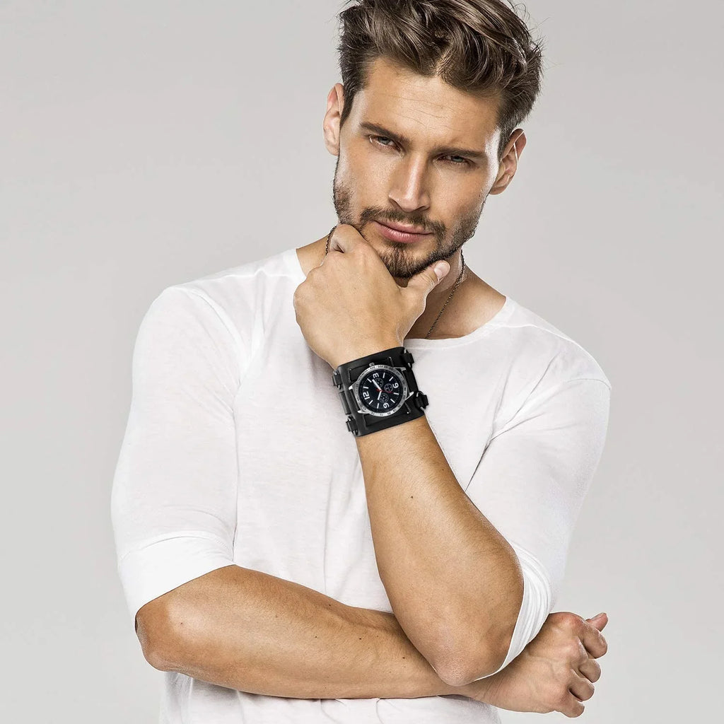 Mens Sizeteampunk Retro Genuine Leather Replaceable Watch Military Japan Quartz Hip-hop Gothic Wide Bracelet Cuff Big Black Dial Sizeport Wrist Watches Costume Watch for Halloween