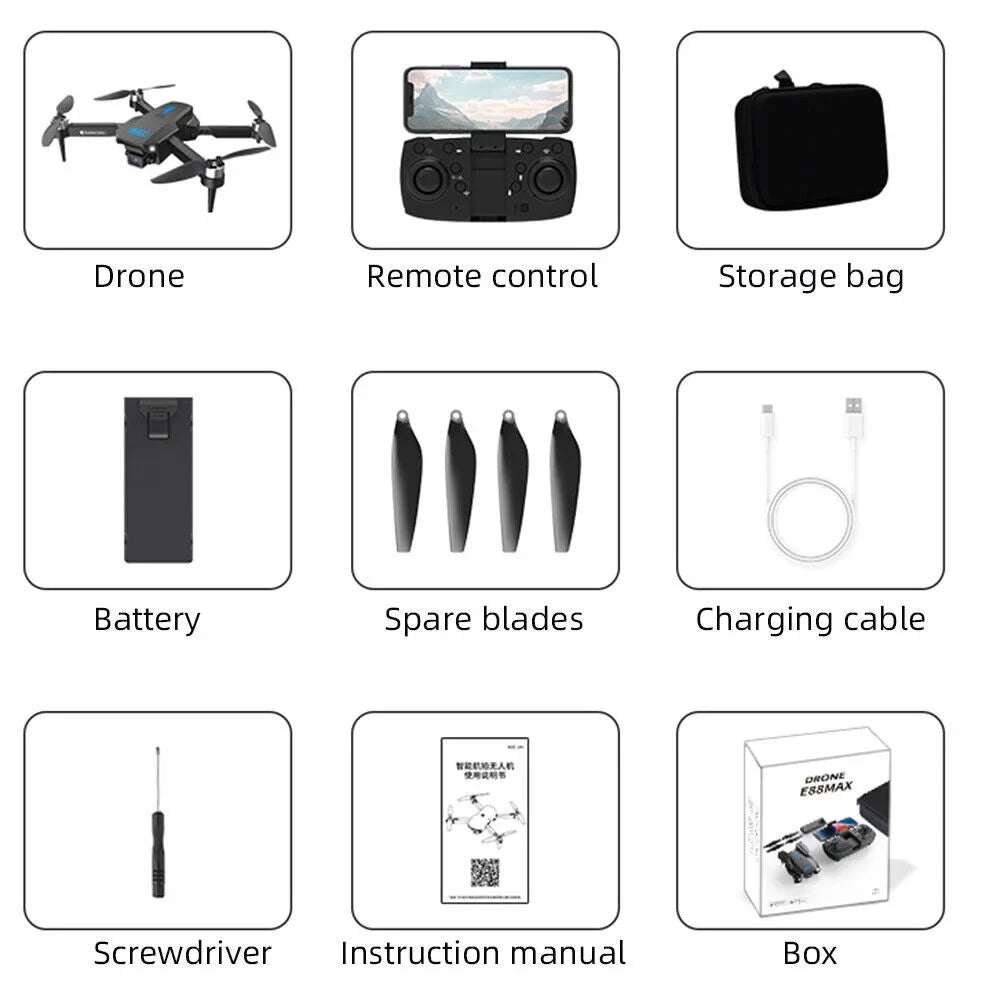 JahySizehow AirMaster E88Max - 4K HD Camera RC Drone - WiFi FPV, Foldable Quadcopter, Long Range