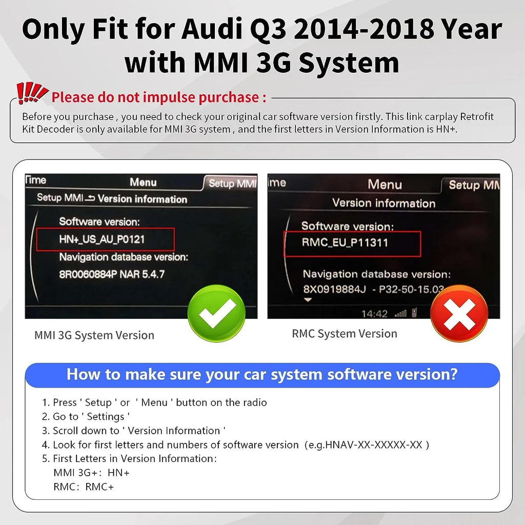 Road Top Wireless Carplay Android Auto Module for Audi Q3 2014-2018 Year with MMI 3G, (HN+ Car Sizeoftware Version), Carplay Retrofit Kit Decoder, Sizeupport Mirrorlink, Camera