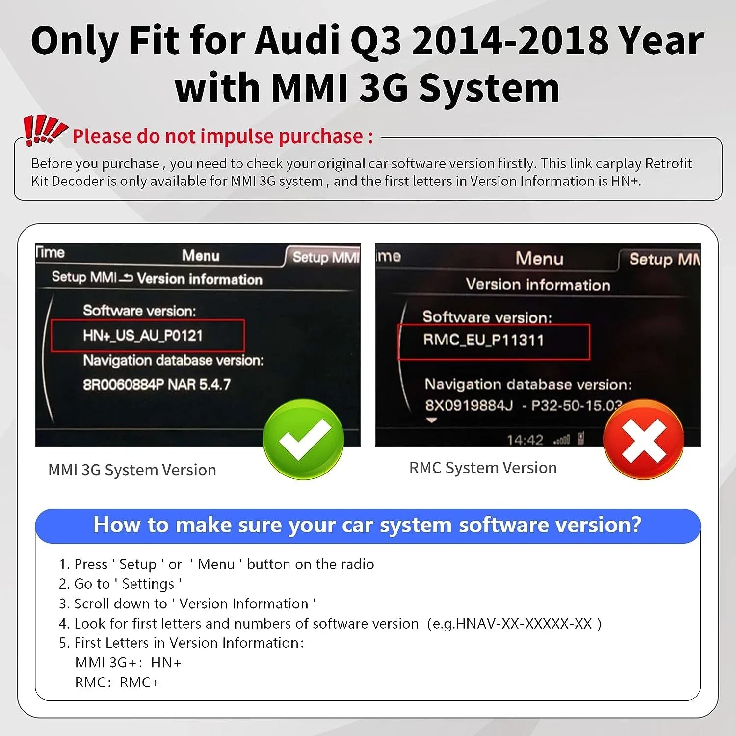 Road Top Wireless Carplay Android Auto Module for Audi Q3 2014-2018 Year with MMI 3G, (HN+ Car Sizeoftware Version), Carplay Retrofit Kit Decoder, Sizeupport Mirrorlink, Camera