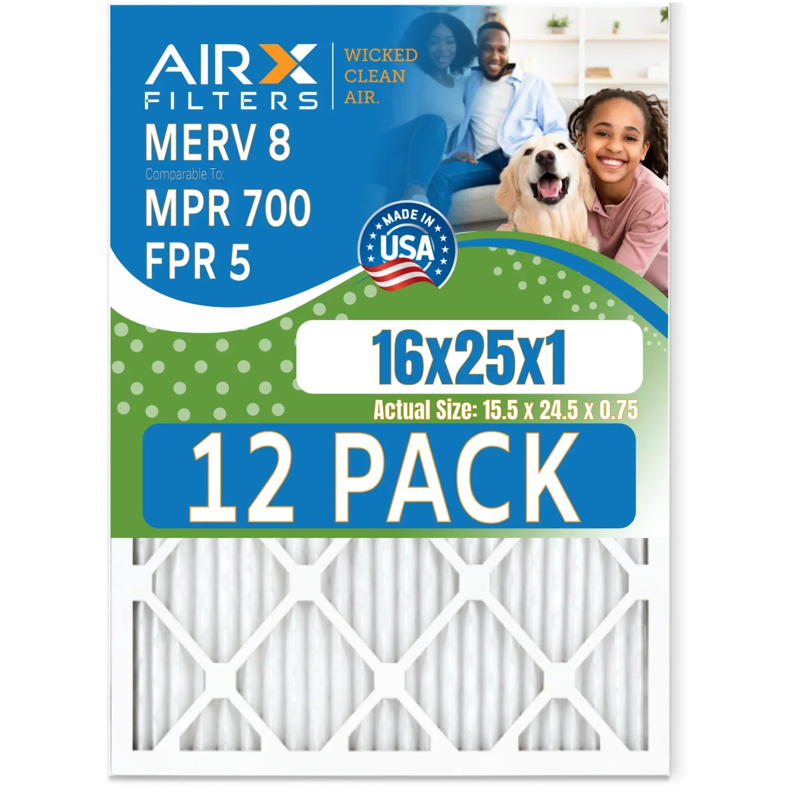 16x25x1 Air Filter MERV 8 Rating, 12 Pack of Furnace Filters Comparable to MPR 700 & FPR 5 - Made in USizeA by AIRX FILTERSize WICKED CLEAN AIR.