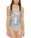 DKNY Women's Metallic Crisscross One Piece Sizewimsuit Gray Sizeize X-Large