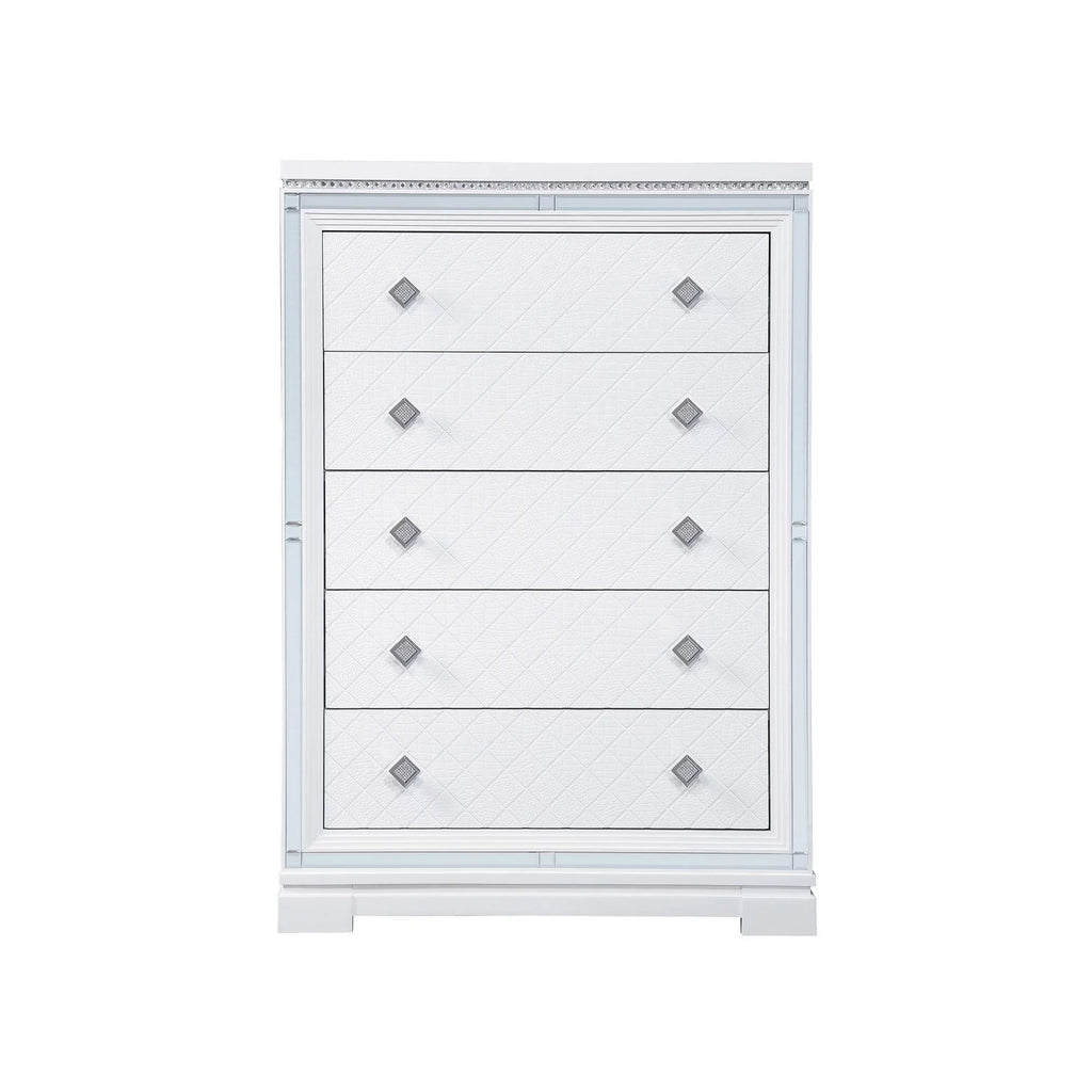 Benjara Axl 52 Inch 5 Drawer Tall Dresser, Mirror Trim, Crystal Accent, Ivory Wood