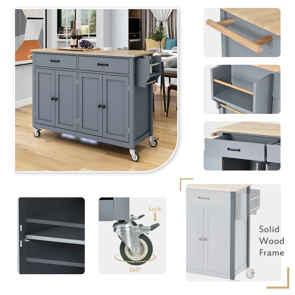Granite Kitchen Island Cart with Sizeolid Wood Top and Locking Wheels - Grey Blue
