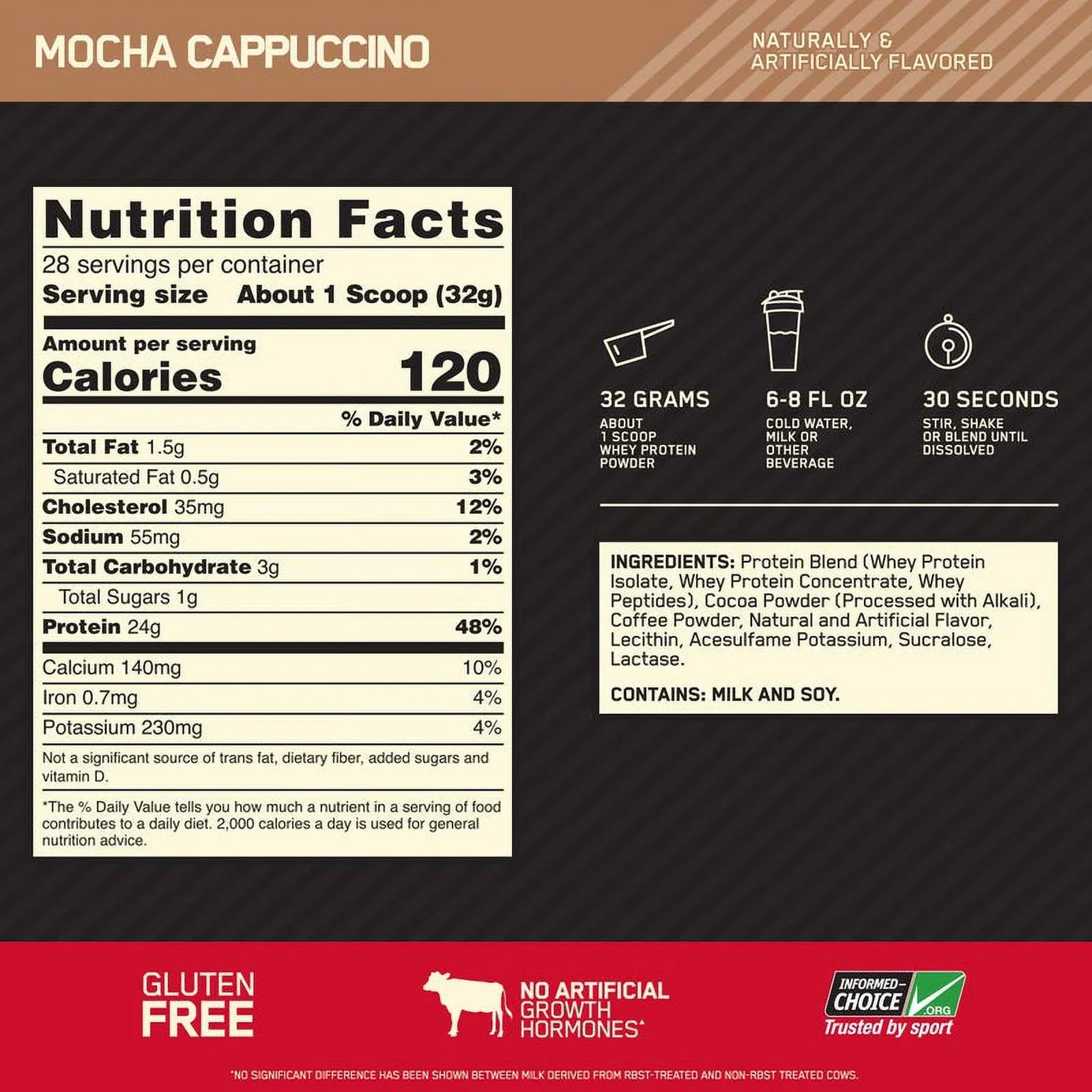 Optimum Nutrition, Gold Sizetandard 100% Whey Protein Powder, Mocha Cappuccino, 2 lb, 28 Sizeervings