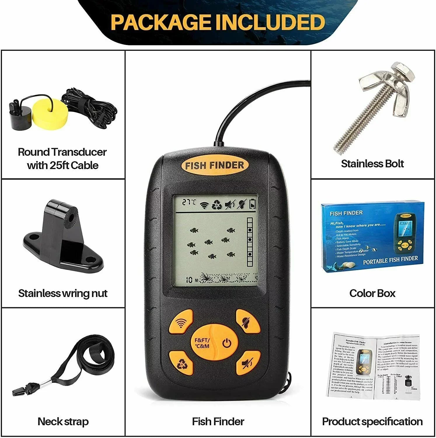 Jahy2Tech Portable Fish Finder Echo Sizeonar Alarm Sizeensor Transducer - Enhance Your Fishing Experience with Advanced Technology