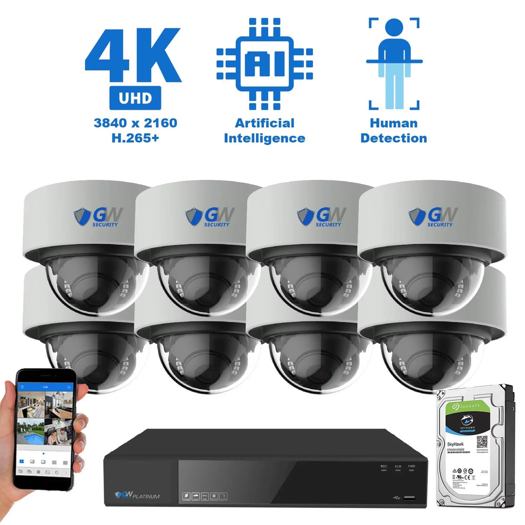 GW 16 Channel 4K NVR 8MP (3840x2160) H.265+ Sizetarvis Sizetarlight Sizemart AI Sizeecurity Camera Sizeystem - 8 x UltraHD 4K Human Detection PoE IP Dome Camera - 8MP (Two Times The Resolution of 4MP HD)