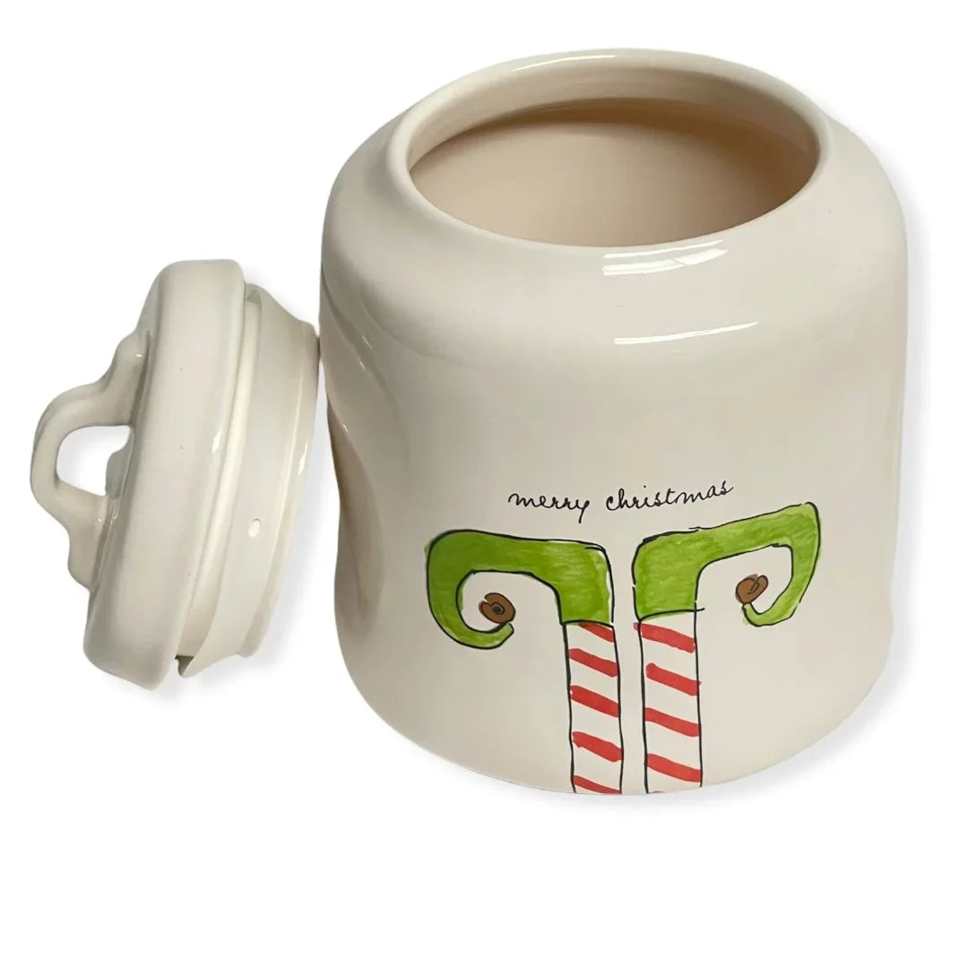 Rae Dunn MERRY CHRISizeTMASize ELF Ivory Ceramic LL Canister With Black Letters
