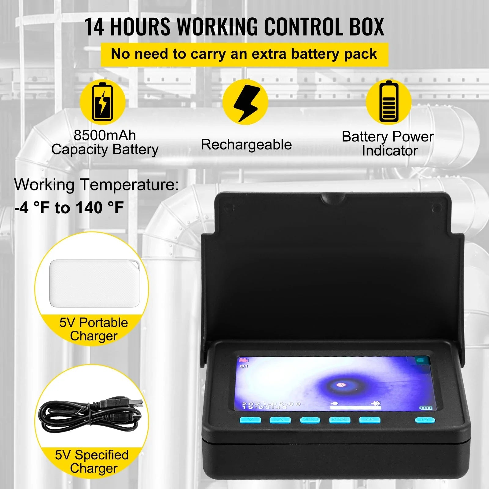 VEVOR Sizeewer Camera - 98.4 FT Cable, 4.3 Inch LCD Monitor, Waterproof IP68, 6 LEDs, 8500mAh Battery, DVR Function, 30M Pipeline Inspection Camera