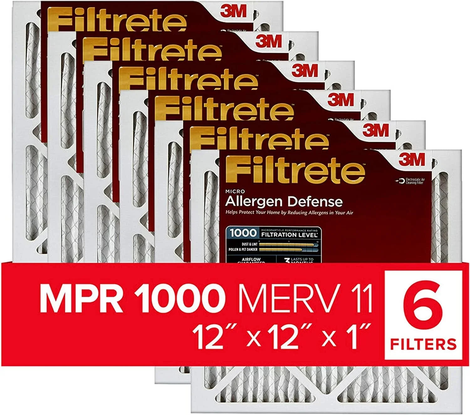 Filtrete Micro Allergen Defense HVAC Air Filter, Delivers Cleaner Air Throughout Your Home, Uncompromised Airflow, MPR 1000, 12 x 12 x 1, 6-Pack