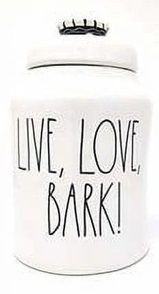 Rae Dunn by Magenta, Unique with Perfect Imperfections. Live, Love, BARK Canister. Ceramic, Beige, Black LL. 9in x 6in x 6in