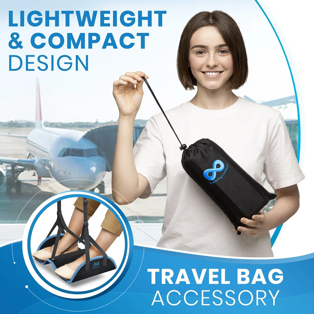 Everlasting Comfort Airplane Footrest - Ergonomic Adjustable Foot and Heel Hammock - Long Airplane Flight Accessories for Feet - Memory Pillow Portable Air Plane Flying Travel Foot Rest - (Black)