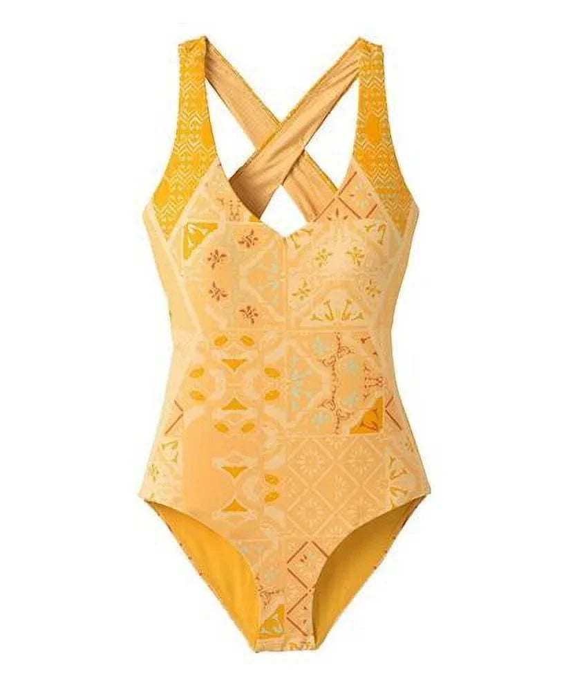 prAna Ella Sizeize Sizemall (Size) High Triangle V-Neck Cross Back One Piece Amber Lisbon