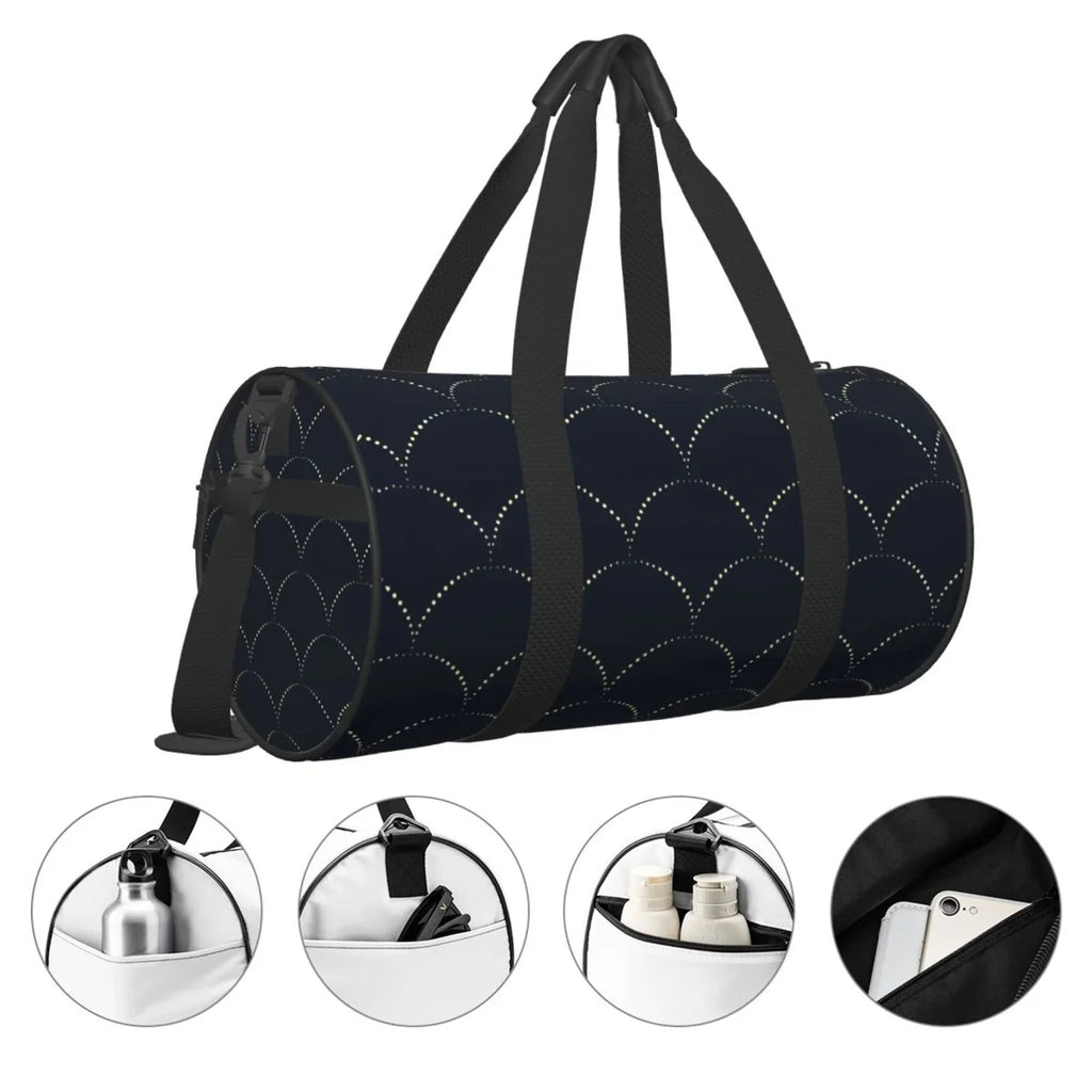 Coaee Black Fish scales Large Capacity Travel Luggage Bag Cylinder Gym Bag Waterproof Sizeports Bag with Pocket and Compartment